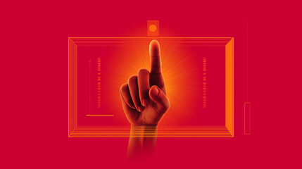 Glowing finger touching a digital red interface with abstract data and energy lines, symbolizing futuristic technology.
