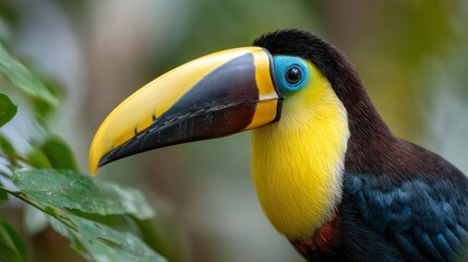 Fototapeta premium A toucan displays its colorful beak and feathers in a lush tropical environment, emphasizing the richness of wildlife and biodiversity. This moment showcases nature's beauty