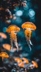 Translucent jellyfish gracefully drifting through the depths of dark ocean waters
