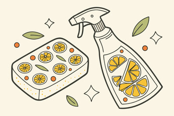 funky retro style, cartoon cleaning spray bottle, squeezing lemon slices into tray, colorful leaves, vivid colors, bold linework, digital illustration, minimalist flat design
