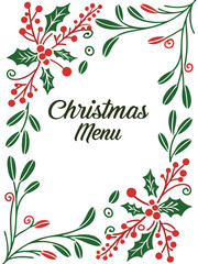 christmas menu, hand-drawn holiday ornament frame, holly leaves and berries, green foliage, red and green colors, decorative border, festive design, sketch style illustration
