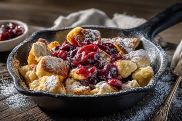 Kaiserschmarrn mit Puderzucker und Zwetschgenröster österreichisches Dessert Mehlspeise süße Pfannengerichte Alpenküche Hüttenschmankerl Kaiserschmarrn Rezept Foodfotografie Süßspeise Klassiker