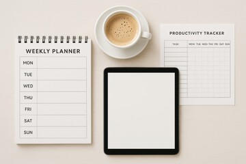Minimalist Workspace Setup with Tablet, Planner, and Coffee
