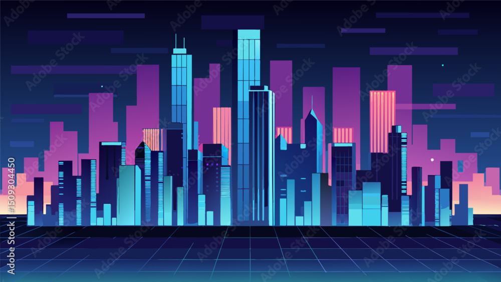 Poster a cityscape with buildings made of shimmering pixels towering over a sea of data.. vector illustrati