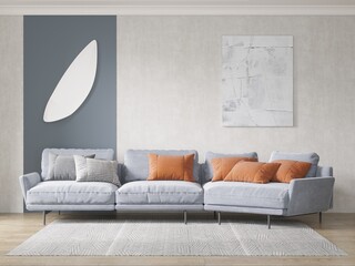 Mock up of a bright cozy living room with an exclusive corner sofa and a modern decorative background, 3D rendering.