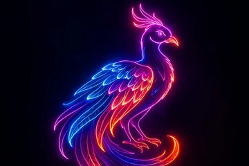 Silhouette fairytale neon phoenix bird on black background