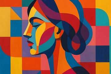 Art illustration: abstract portrait of a young woman in geometric style