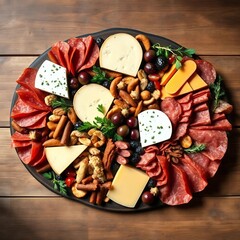 A large plate with sliced ​​sausages and meats, nuts and different types of cheese for wines