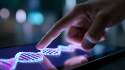 Close-up of a hand interacting with a glowing digital DNA strand on a touchscreen, symbolizing genetics and biotechnology.
