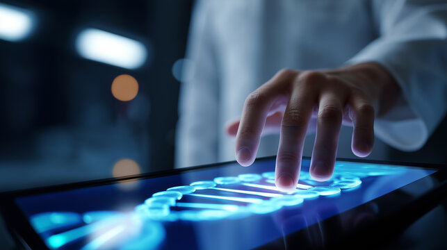Close-up of a hand interacting with a glowing digital DNA strand on a touchscreen, symbolizing genetics and biotechnology.
