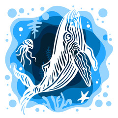 Vector paper cut style illustration of a whale swimming underwater with jellyfish and coral reef. Ocean scene with layered cutout effect.