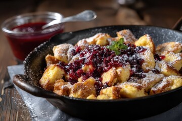 Kaiserschmarrn mit Puderzucker und Zwetschgenröster österreichisches Dessert Mehlspeise süße Pfannengerichte Alpenküche Hüttenschmankerl Kaiserschmarrn Rezept Foodfotografie Süßspeise Klassiker