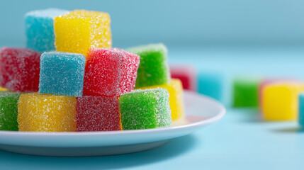 Colorful sugar-coated gummy candy cubes stacked on a white plate against a pastel blue background.
