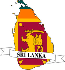 The map of Sri Lanka overlaid with the Sri Lankan flag and its name written on a ribbon