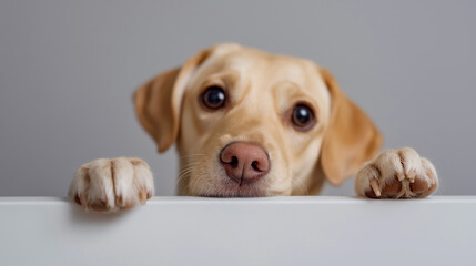 Cute dog with paws on a surface, looking curiously with nose close to the camera against a plain background.
