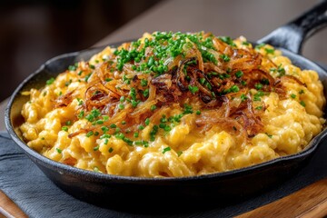 Käsespätzle mit Röstzwiebeln deutsches Gericht Allgäuer Spätzle Hausmannskost Käse Spezialität deftiges Essen Pfannengericht traditionelle Küche Alpenrezept Comfort Food Foodfotografie käsig herzhaft