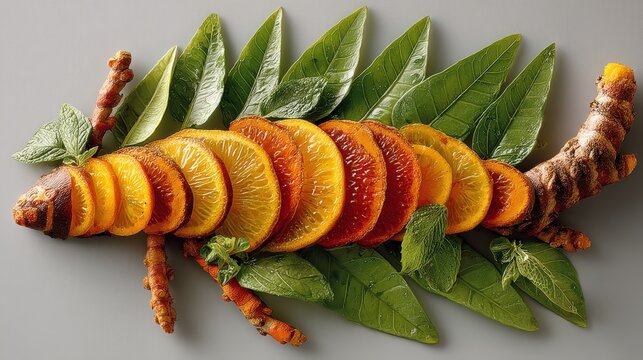 Turmeric root and leaves form a pancreas shape, highlighting health benefits