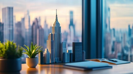 Obraz na płótnie Canvas Cityscape model on desk overlooking city skyline at sunset.