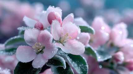 Close-up of pink blossom flowers covered in frost on a cold spring morning.
