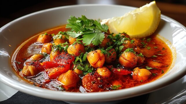 Chickpea stew with cumin and garlic served in a bowl on a white plate