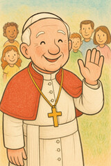 Dibujo infantil de un Papa saludando a la gente.