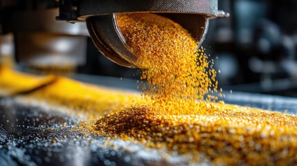 Close-up view of corn-based feed extrusion process for poultry nutrition