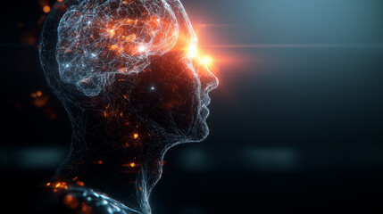 Digital human head with illuminated brain and glowing lights representing artificial intelligence and advanced cognitive technology.
