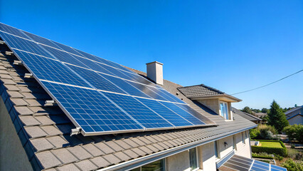 Fototapeta premium Close-up view of blue solar panels under bright sunlight, Photovoltaic solar panels capturing sunlight on a clear day, energy solar panel array with blue sky background