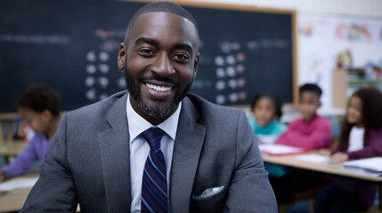 Confident male teacher in a suit smiling in a classroom with students working in the background.
