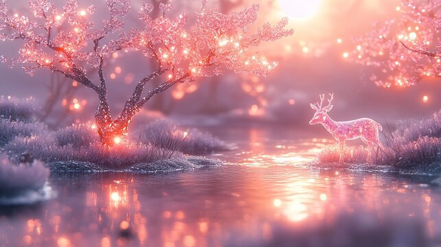 Floating iridescent glass islands glowing with liquid moonlight, crystal trees scattering prismatic rainbows through fog, porcelain deer with quartz antlers in ethereal landscape