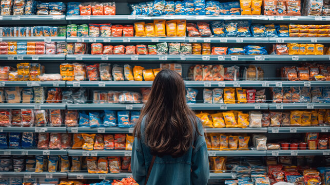 Woman standing in front of a fully stocked supermarket shelf filled with colorful snack packages.
