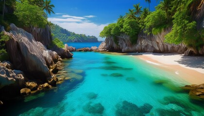 a secluded cove with clear azure waters and rocky cliffs surrounded by lush tropical vegetation and soft white sand beach getaway