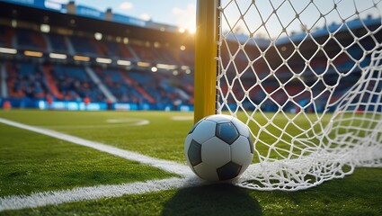 Soccer ball at corner of field near net in stadium during a match