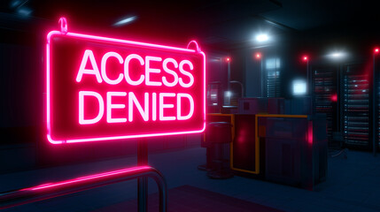 Glowing neon sign reading "Access Denied" in a dark server room environment with computer equipment.
