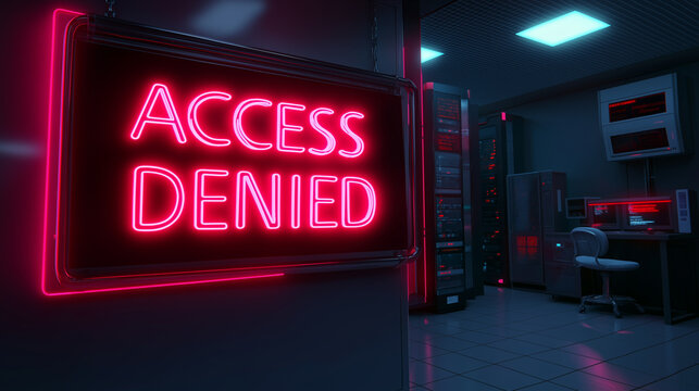 Neon sign reading "Access Denied" glowing red in a dark high-tech server room filled with computer equipment.
