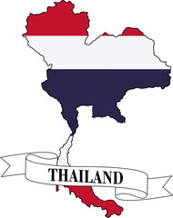 The map of Thailand overlaid with the Thai flag and its name written on a ribbon