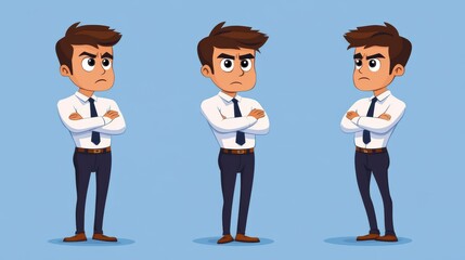 Fototapeta premium Three illustrations of a serious businessman with arms crossed, showcasing different poses.