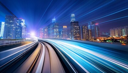 Fototapeta premium high speed train racing through modern cityscape at night with vibrant light trails and skyscrapers in the background