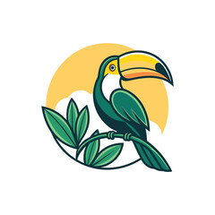 Obraz premium toucan on a branch toucan bird white background Toucan. Digital illustration for books and stories about animals. Simple, bright picture. 