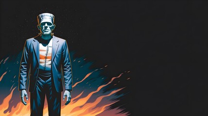Frankenstein monster standing over a black background, free space for text, halloween wallpaper