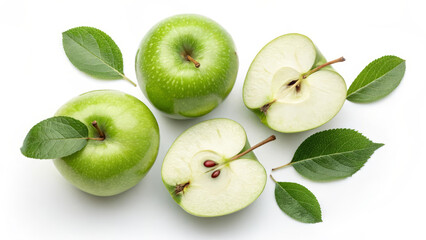 Fototapeta premium Fresh Green Apples: Whole, Halved, with Leaves on White Background