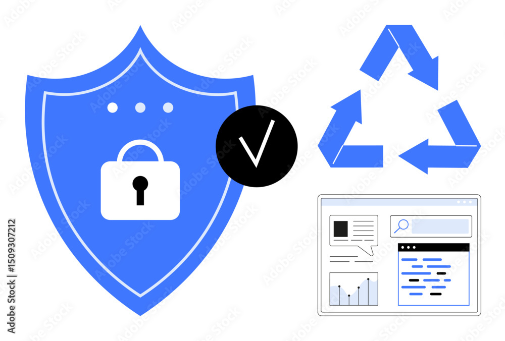 Poster shield with a lock, checkmark for security, recycling arrows, and web interface depicting analytics.