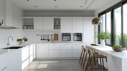 Bright minimalist kitchen interior with natural light and modern design elements