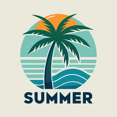 Poolside tropical logo with palm tree in radiant summer sun vector illustration
