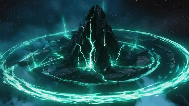 Abstract alien artifact center emits spiraling green plasma particles pulsating waves circular language glyphs as they expand, glowing in layers, dark cosmic sci-fi, mysterious, cinematic