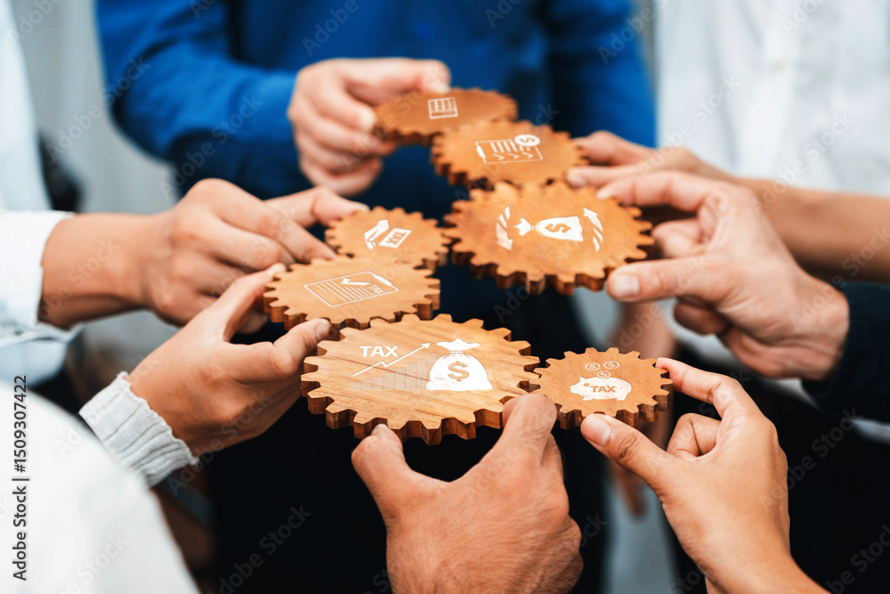 Poster a group of diverse individuals collaborates using wooden gears to symbolize teamwork in financial st