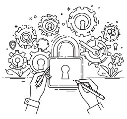 Engineering Digital Security Line Art Illustration of Hands Building Data Protection System with Padlock and Gears