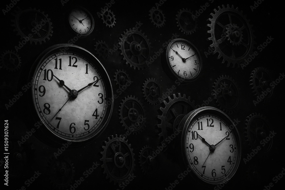 Poster intricate clockwork and gears in a dark space setting