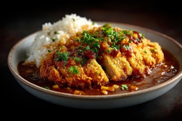 Katsu Curry Reisgericht japanisches Essen knuspriges Schnitzel Tonkatsu mit Curryso&szlig;e asiatische K&uuml;che Comfort Food Foodfotografie frittiertes Fleisch Curry Bowl Reisschale authentisch serviert