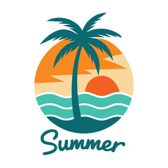 Obraz premium Tropical summer logo with palm tree in sunny orange circle vector illustration